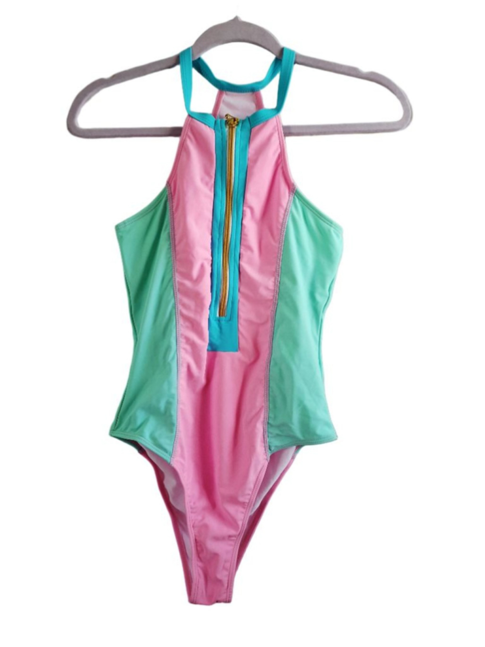 Pink & Green Colorblock One Piece Swimsuit S high neck nwt beach coastal